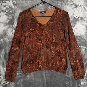 Chaps Paisley Sweater Womens PS Brown Orange V-Neck Long Sleeve Cotton 7040